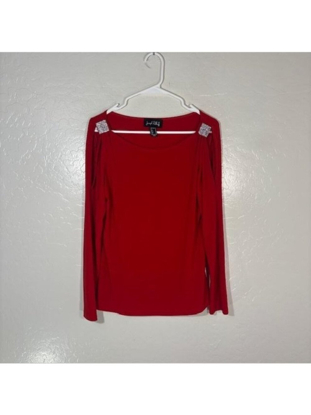 Joseph Ribkoff Blouse Womens 10 Red Rhinestone Shoulder Slit Sleeve Jersey Top